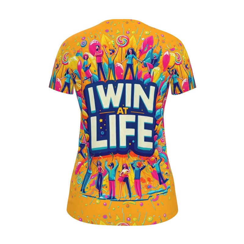 Women’s I Win at Life motivational T-shirt by I Love Me Vibe, casual fit, recycled polyester jersey, inspiring message.