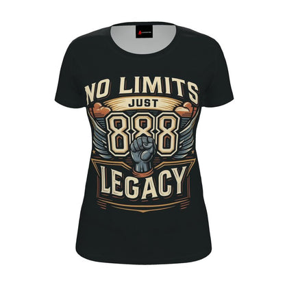 Women's I Love Me Vibe No Limits Just Legacy 888 motivational T-shirt, recycled poly jersey fabric, regular fit, lifestyle shot.