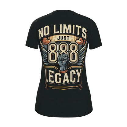 Women’s No Limits Just Legacy 888 motivational T-shirt by I Love Me Vibe, featuring a casual fit and recycled polyester fabric.