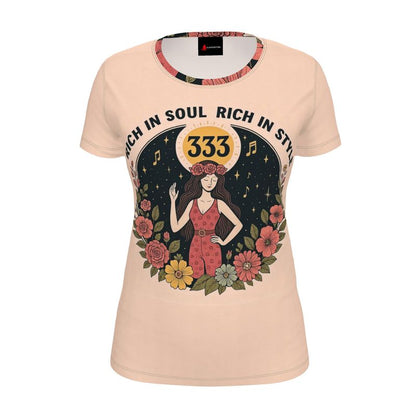 Women's I Love Me Vibe T-shirt featuring "Rich in Soul, Rich in Style 333" angelic number affirmation, recycled polyester jersey fabric.