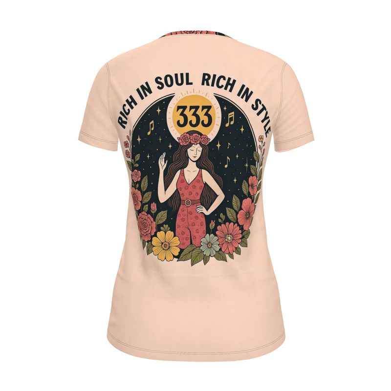 Rich in Soul, Rich in Style 333 women's T-shirt by I Love Me Vibe featuring angelic number affirmation and casual fit.