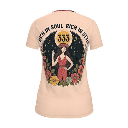 Rich in Soul, Rich in Style 333 women's T-shirt by I Love Me Vibe featuring angelic number affirmation and casual fit.
