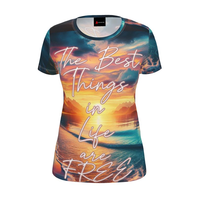 Women’s I Love Me Vibe T-Shirt with “The Best Things in Life Are Free” inspirational slogan, made of recycled poly jersey, regular fit.