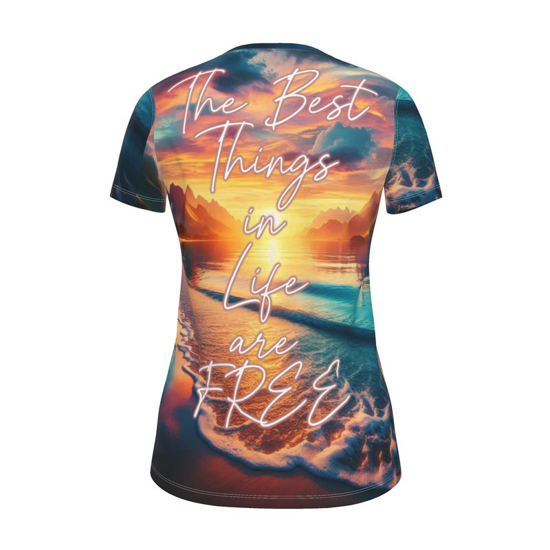 Women’s inspirational T-shirt by I Love Me Vibe featuring the phrase "The Best Things in Life Are Free" on recycled poly jersey fabric.