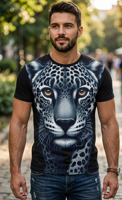 Men's leopard print t-shirt by I Love Me Vibe featuring bold, all-over print design with motivational "Walking Confident" message.