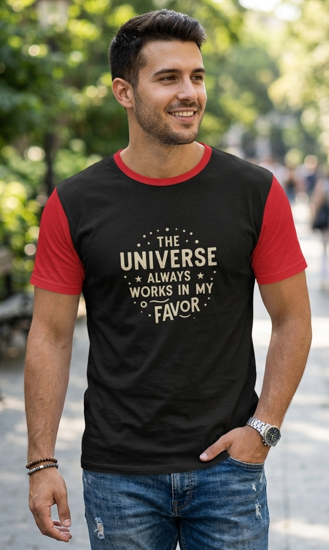 Men’s motivational T-shirt by I Love Me Vibe featuring a universe design and positive affirmations, crafted for a stylish, uplifting look.