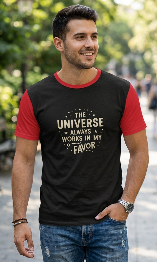Men’s motivational T-shirt by I Love Me Vibe featuring a universe design and positive affirmations, crafted for a stylish, uplifting look.