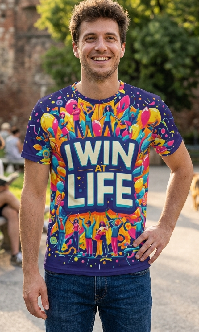 All-over print men's T-shirt from I Love Me Vibe with motivational "I Win at Life" design, casual and stylish.