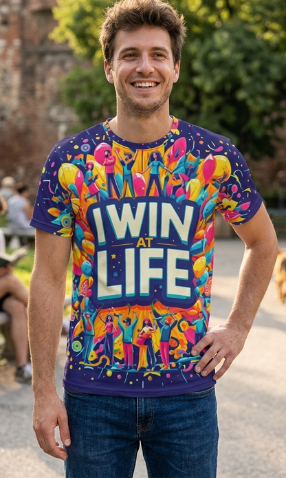 All-over print men's T-shirt from I Love Me Vibe with motivational "I Win at Life" design, casual and stylish.